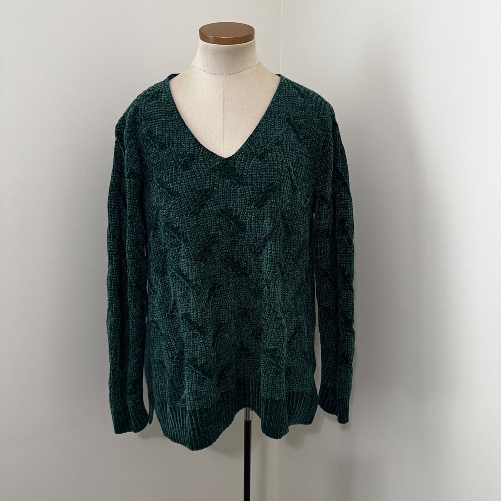 Soft Surroundings Large Green Chenille Cable Knit V-Neck Sweater